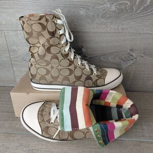 Coach Bonney Shoes Womens 7.5 Brown Signature C Legacy Striped Interior High Top